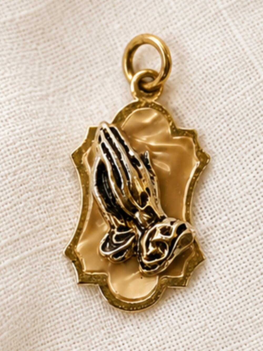 Vintage W Germany Praying Hands Catholic Pendant | Gold Tone Religious Charm